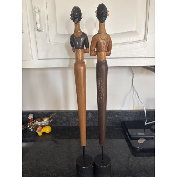 Hand-Carved African-Inspired Wooden Female Figurines Statues On Black Stands - Picture 11 of 16
